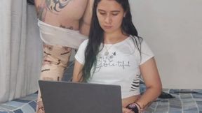 My girlfriend is working and I fart at her to distract her and make her feel all my disgusting farts