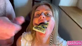 Amateur blonde beauty gets her box and mouth stuffed with $20 bills