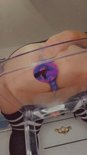 Watch me sit on a clear chair and fuck both holes until I climax~.