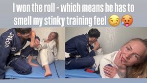 I won - now he has to smell my stinky feet