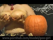 Squishing slimy pumpkin guts with my busty chest messy ASMR