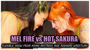 Mel Fire vs Hot Sakura - Sexy flexible redhead asian girl fight - Female wrestling - Scissorhold - Headscissors (1080p)