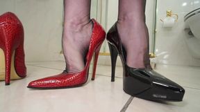 6 inch heels changing in the bathroom! High Heels and garter & ff stockings fetish clip