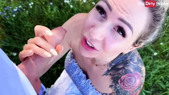 Tattooed blonde amateur Lisa Sophie fucks in a car backseat