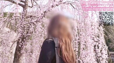 Cherry blossom viewing date and creampie in cowgirl position at an open-air hot spring