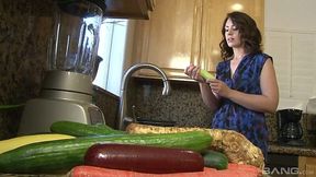 Crazy housewife Sarah Shevon is fucking herself with two cucumbers