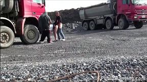 Cute and pretty teenage girl gets a public gang bang at a construction site