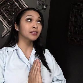 Hot Asian babe kneels down and does more blowjob with huge cock from gloryhole