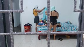 Horny housewives do housework while touching each other'_s buttocks and tits