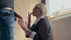 Blonde office slut got her mouth and pussy fucked really hard on his dick