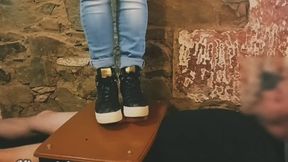 Guess sneakers, white socks and black nylon before he could explode a fountain of cum under my bare feet
