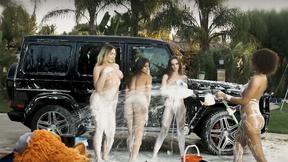 ”Huge boobs MILF & sexy Latina washing car with their sexy friends in lingerie”