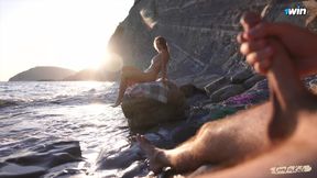 DICK FLASH on a nudist beach: Stranger caught me jerking off and helped me cum