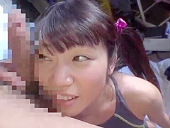 Apply the rotor to her shaved pussy, hold her head in a swimsuit and deep throat her.