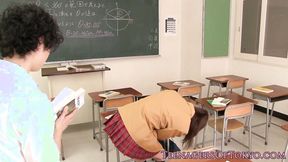 ”Charming Japanese college girl blows shaft after class”