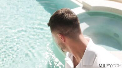 Trophy Wife rides pool boy's massive cock in heels and lingerie