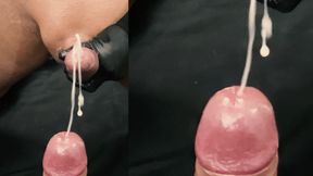 Close up foreskin play cumshot on mirror slowmotion