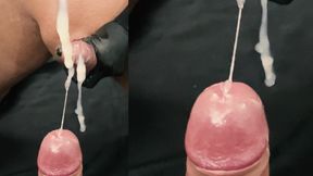 Close up foreskin play cumshot on mirror slowmotion