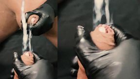 Close up foreskin play cumshot on mirror slowmotion