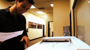 Nikki Sexx bends over her desk and gets her shaved pussy stuffed hard