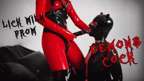 Rubberkitty licks milk from Demon's cock