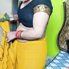 Indian Beautiful Bhabhi in Yellow Color Sari.