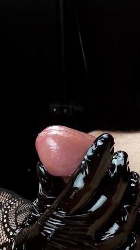 Slow and Sensitive Handjob with Black Latex Gloves