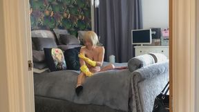 Rubber gloves on the bed!