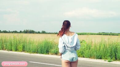 Jeny Smith teases you on the road buck naked
