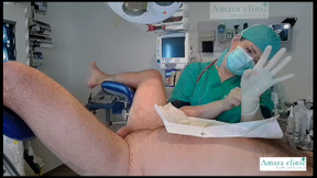 Doctor seduces patient with gloved hands, and an extra long gloved hand job.