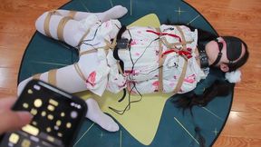 fx33-White silk maid, twin tails, gag, collar, rope bondage, frog bondage, vibrating orgasm