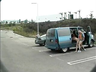 Favourable mature guy bangs hawt latin chick in open van in parking lot