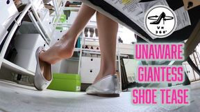 Unaware Giantess Shoe Tease- Stella Liberty tries on and dangles flip flops, flats and high heels while you hide under her chair - VR MP4
