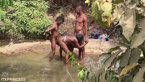 Asian beauty takes pounded in doggystyle by big cock in outdoor stream