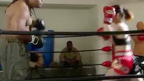 Tiny Boxer Babe Overpowered by Two Massive Studs in Steamy Scene