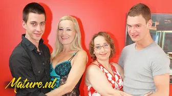 Blonde and brunette cougars enjoy a wild anal threesome with two young studs