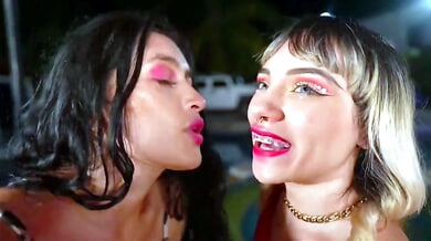 Three Latina women explore foot fetish play by the pool at night