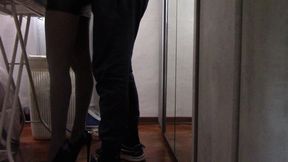 The milf with beautiful legs and pantyhose irons and gets touched and fucked