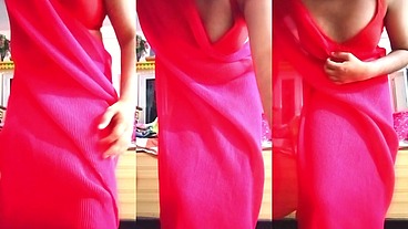 Indian Gay Crossdresser Gaurisissy pressing her big boobs in pink saree