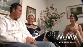 Horny milfs sharing cock in threesome
