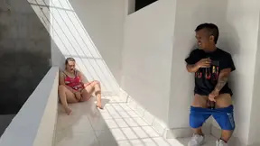 I hear some exciting moans and see my sexy stepsister masturbating; I get horny and decide to lower his horn.
