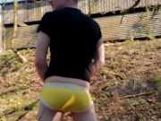 BLONDE Twink in Yello BRIEFS - Outdoors CUM!