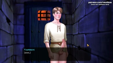 Green-skinned orc woman sucks off a stranger in a fantasy dungeon corridor