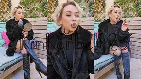 Double cigarette crush and applying lipstick outside in Leather and fur- Kinkerbell23