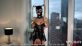 Big fake tits bimbo in latex ass teasing while sucking a big cock -WHORNYFILMS.COM