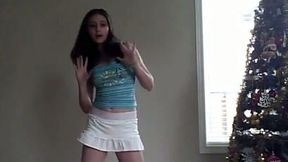 Cute fresh teen in blue top and short white skirt was dancing for me
