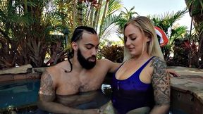 Busty babe deepthroating outdoor fucked in swimming pool