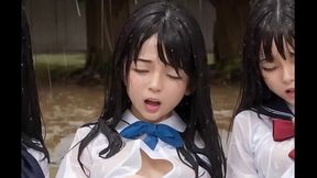 Three Japanese Girls Squirting Outdoor in Rain