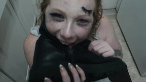 Degraded tart licks cum from boot