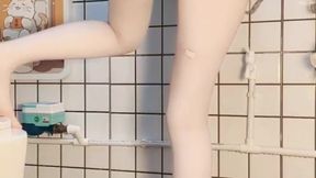 Chinese beauty squirts while jerking off standing up